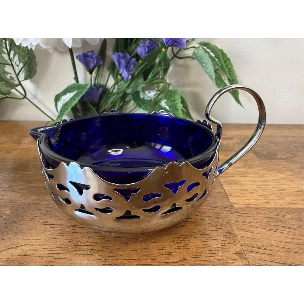 Vintage Cobalt Blue‎ Glass Creamer with Ornate Silver Plated Holder